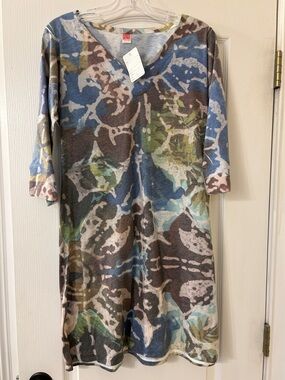Abstract Floral V-Neck Tunic Dress in Blues, Greens & Browns